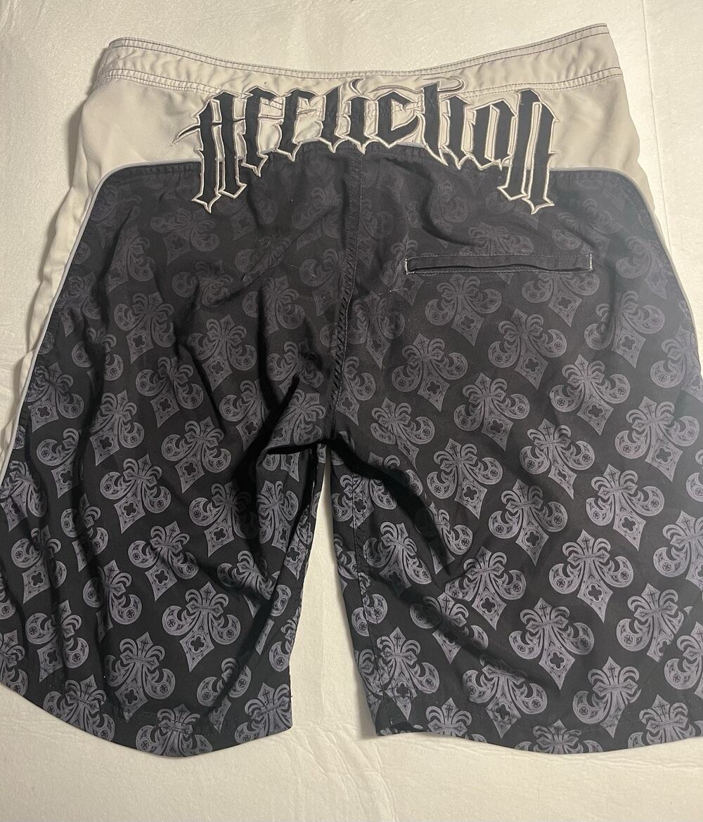 Affliction Board Shorts Men’s 36 Black Gray Gothic Cross Y2K MMA Swim Trunks